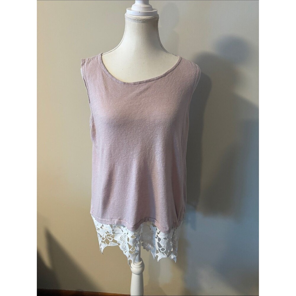 Lisa Todd Linen Cotton Blend Light Pink Tank Top with White Lace Hem. Sz Large
